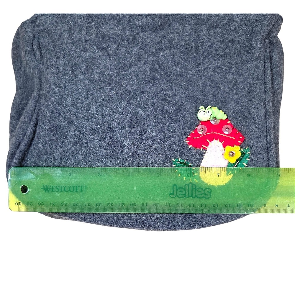 Gray Felt Shoulder Bag Whimsical Mushroom Caterpillar Applique Zipper  closure - Picture 6 of 7